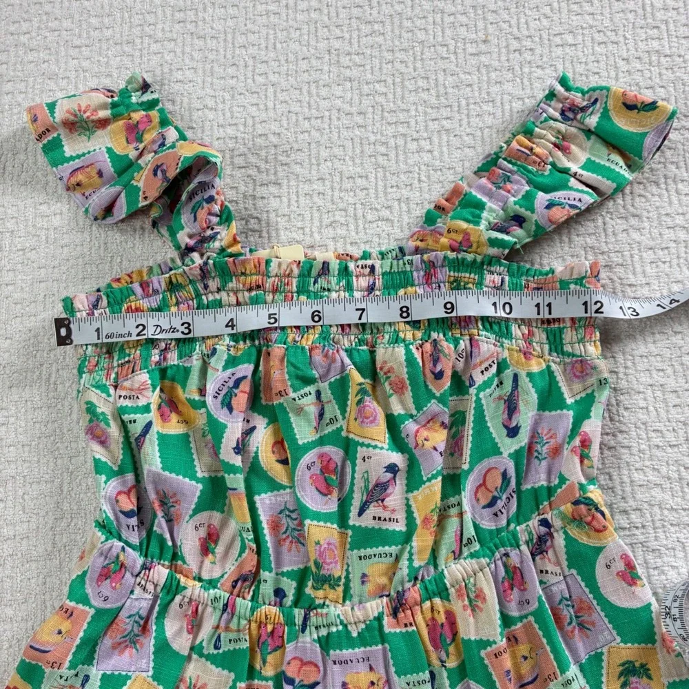 Copper Key Girls Med 10/12 Green Postage Stamp Smocked Tiered Dress Linen Blend